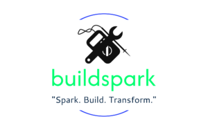 Logo for buildspark featuring a paintbrush, spanner, and screwdriver inside a black circuit, with the tagline Spark. Build. Transform. below in blue text.