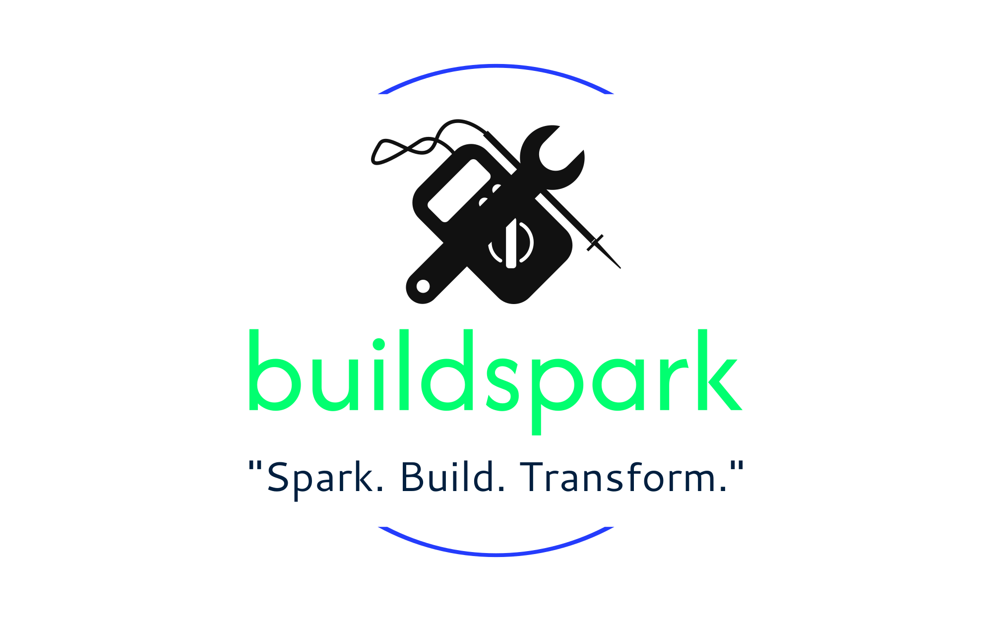 Logo for buildspark featuring a paintbrush, spanner, and screwdriver inside a black circuit, with the tagline Spark. Build. Transform. below in blue text.