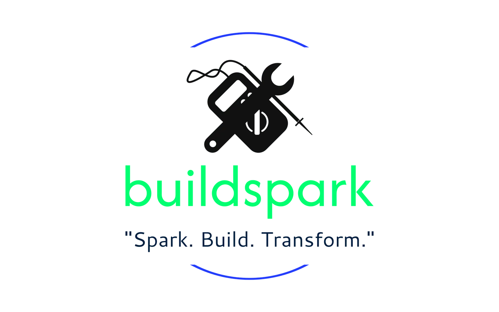 Logo for buildspark featuring a paintbrush, spanner, and screwdriver inside a black circuit, with the tagline Spark. Build. Transform. below in blue text.