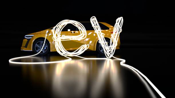 EV Charger Installation in Tooting A yellow electric car is parked in a dark space with glowing white light trails forming the letters ev in front of it, symbolising electric vehicles.