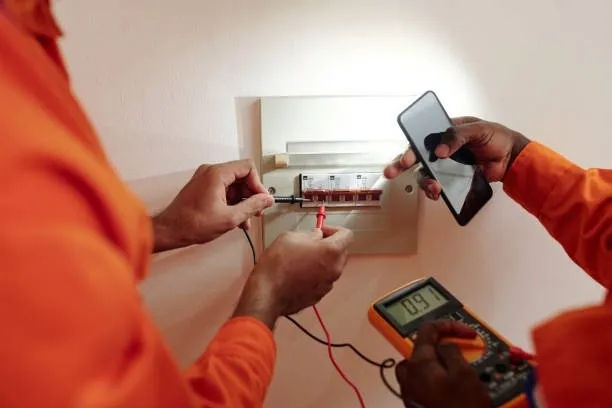 Two electricians in orange uniforms use a digital multimeter to check an electrical panel. One tests the terminals whilst the other records readings, investigating a tripping fuse box repair to resolve power loss in London.