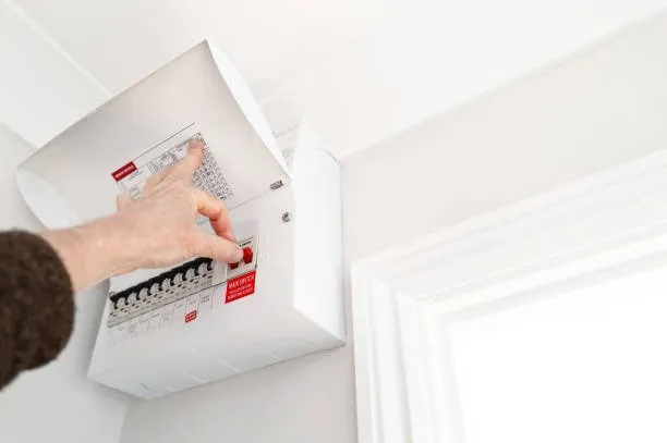 A person’s hand is pressing a switch on a household electrical fuse box, highlighting the need for urgent electrical repairs that a 24/7 electrician South West London can handle efficiently.