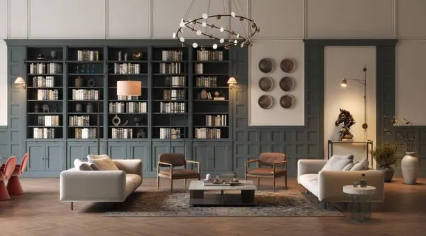Book electrician with Buildspark, Spacious living room with two sofas, armchairs, a coffee table, bookshelves, artwork, and a modern chandelier in a neutral color palette.
