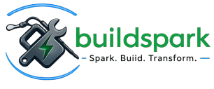 Buildspark logo Buildspark company logo featuring a wrench, electrical tool, lightning bolt, and the Buildspark name with the slogan "Spark. Build. Transform.